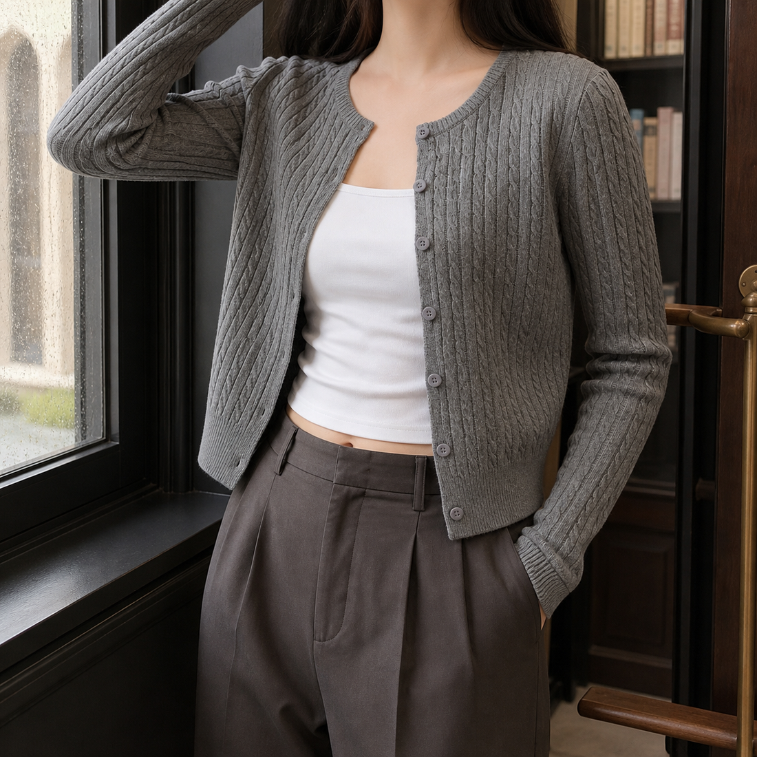 Gwendolen-Lane Cable Knit Cardigan - Gray