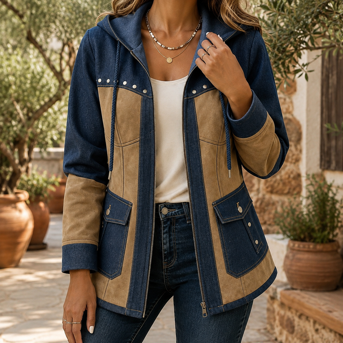 Bianca-Sage Patchwork Jacket - Navy & Camel