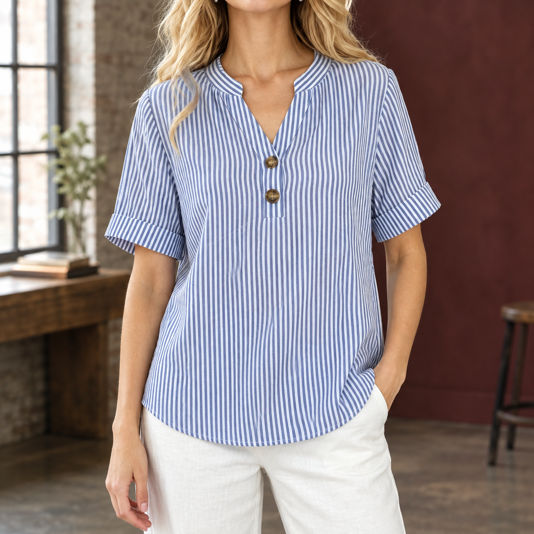 Lorelai-Sage Henley Blouse - Royal Blue