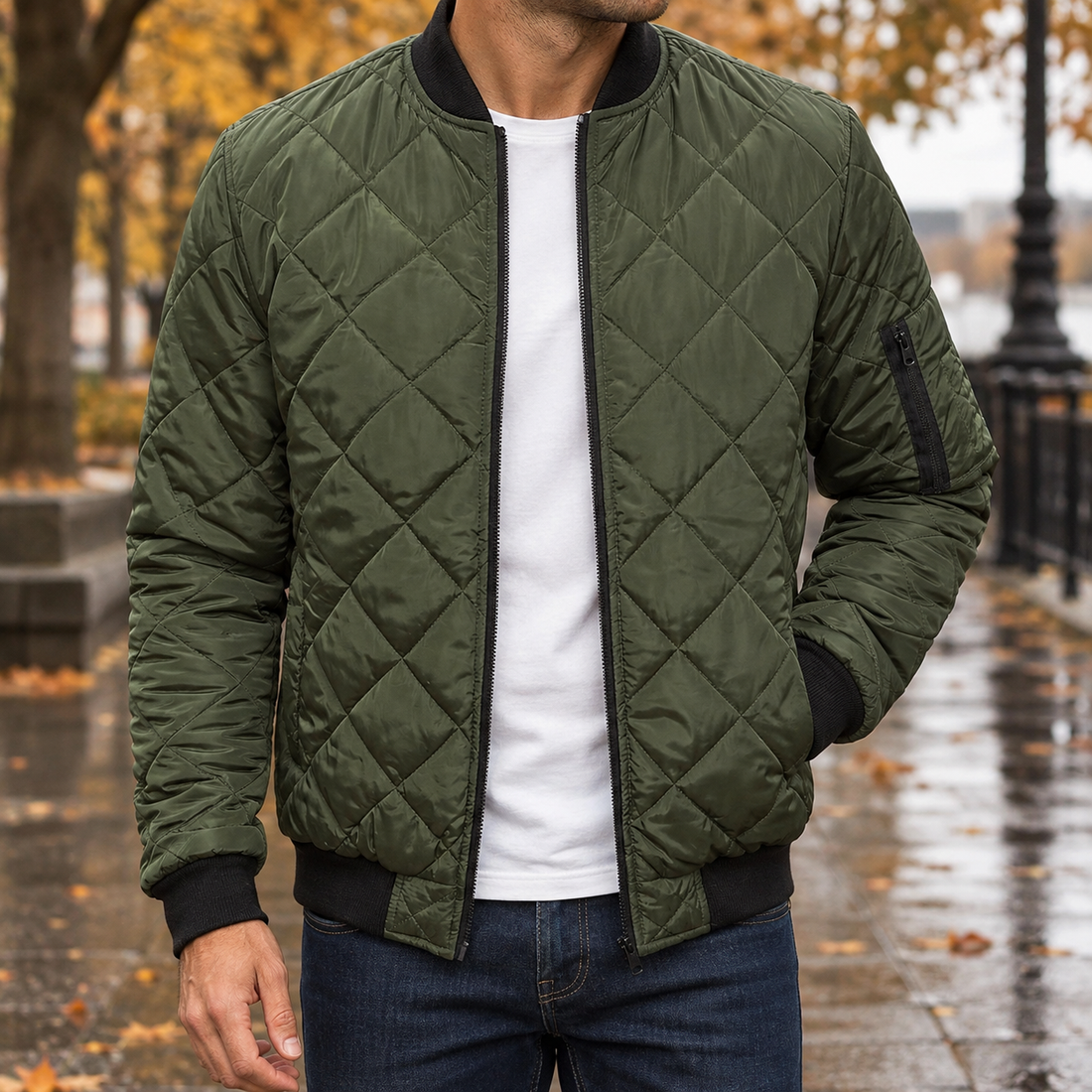 Oliver-Grey Quilted Jacket - Army Green