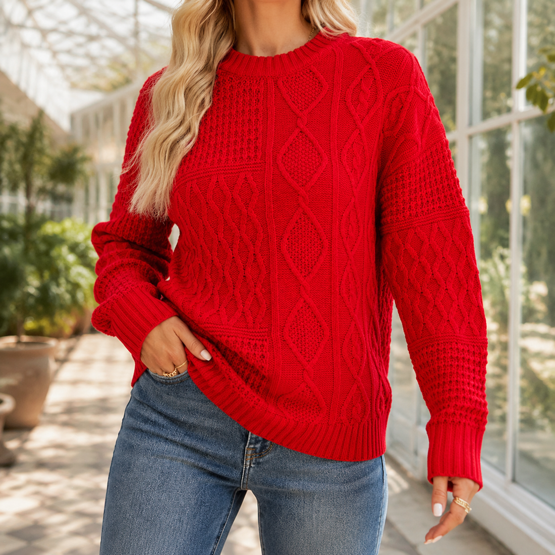 Sabine-Elise Cable Knit Sweater - Red