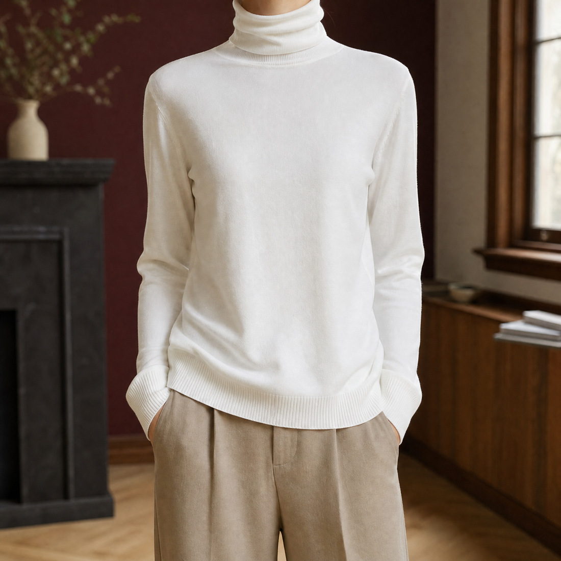 Leah-Sage Wool Turtleneck Sweater - White