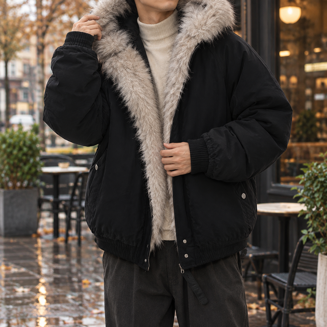 Vincent-Scott Fur Trim Jacket - Black
