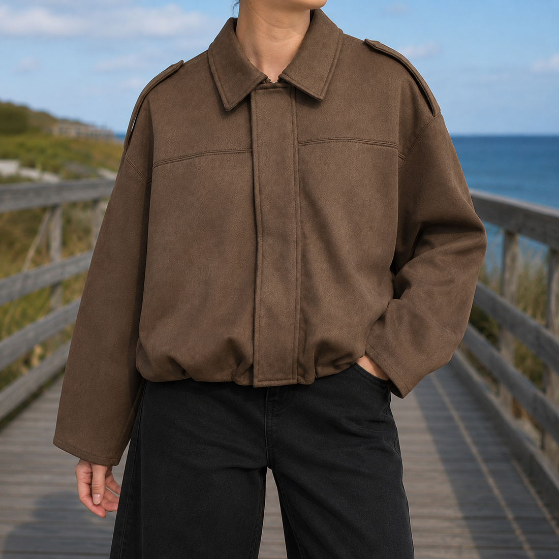 Bernadette-Skye Suede Bomber Jacket - Mocha Brown