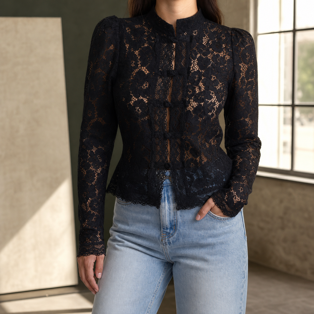 Flavia-Pearl Stand Collar Blouse - Black