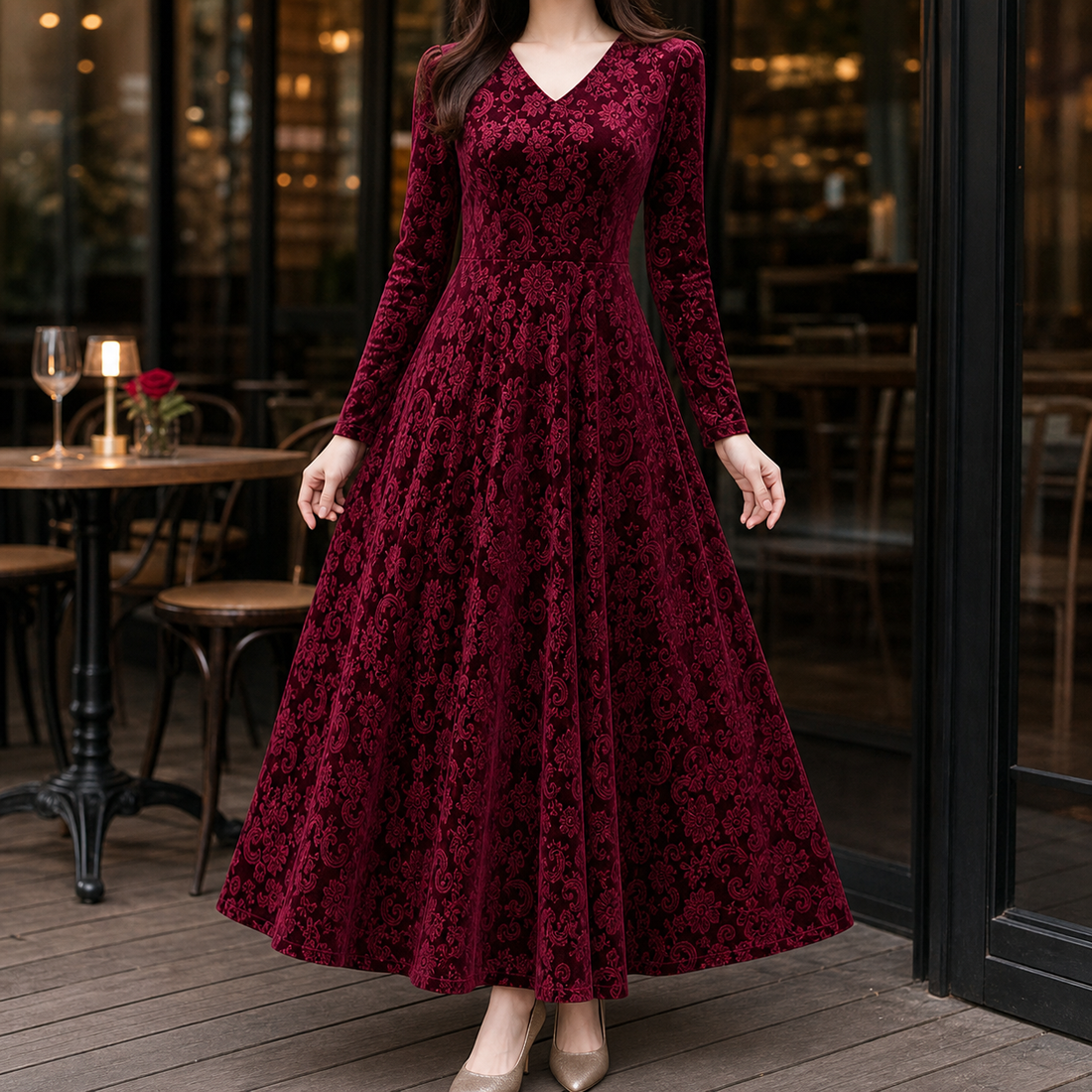 Juliet-June Embossed Maxi Dress - Wine Red