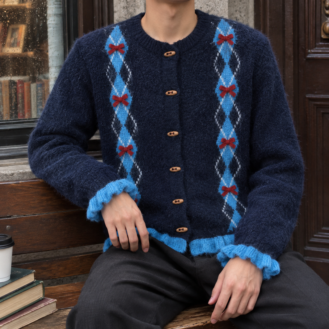 Jasper-Stone Bow Cardigan - Navy Blue