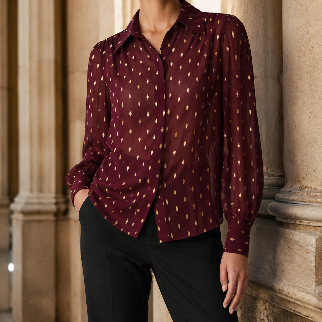 Zinnia Gold Dot Blouse - Burgundy