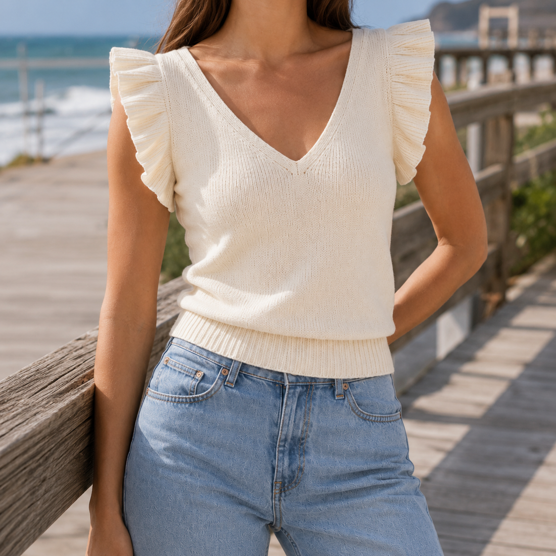 Rhea Ruffle Knit Top - Beige