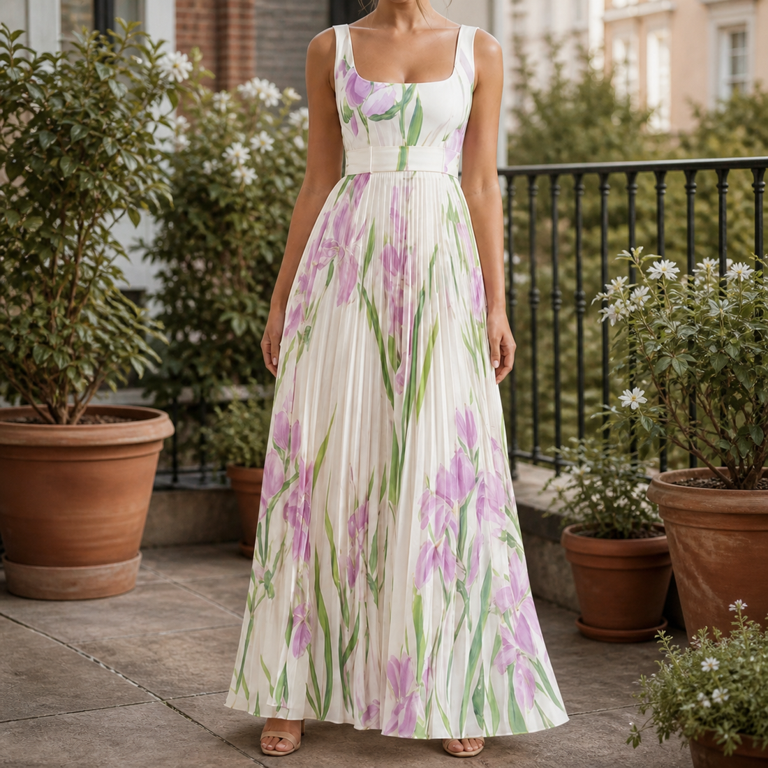 Orla-Grace Pleated Maxi Dress - White Purple