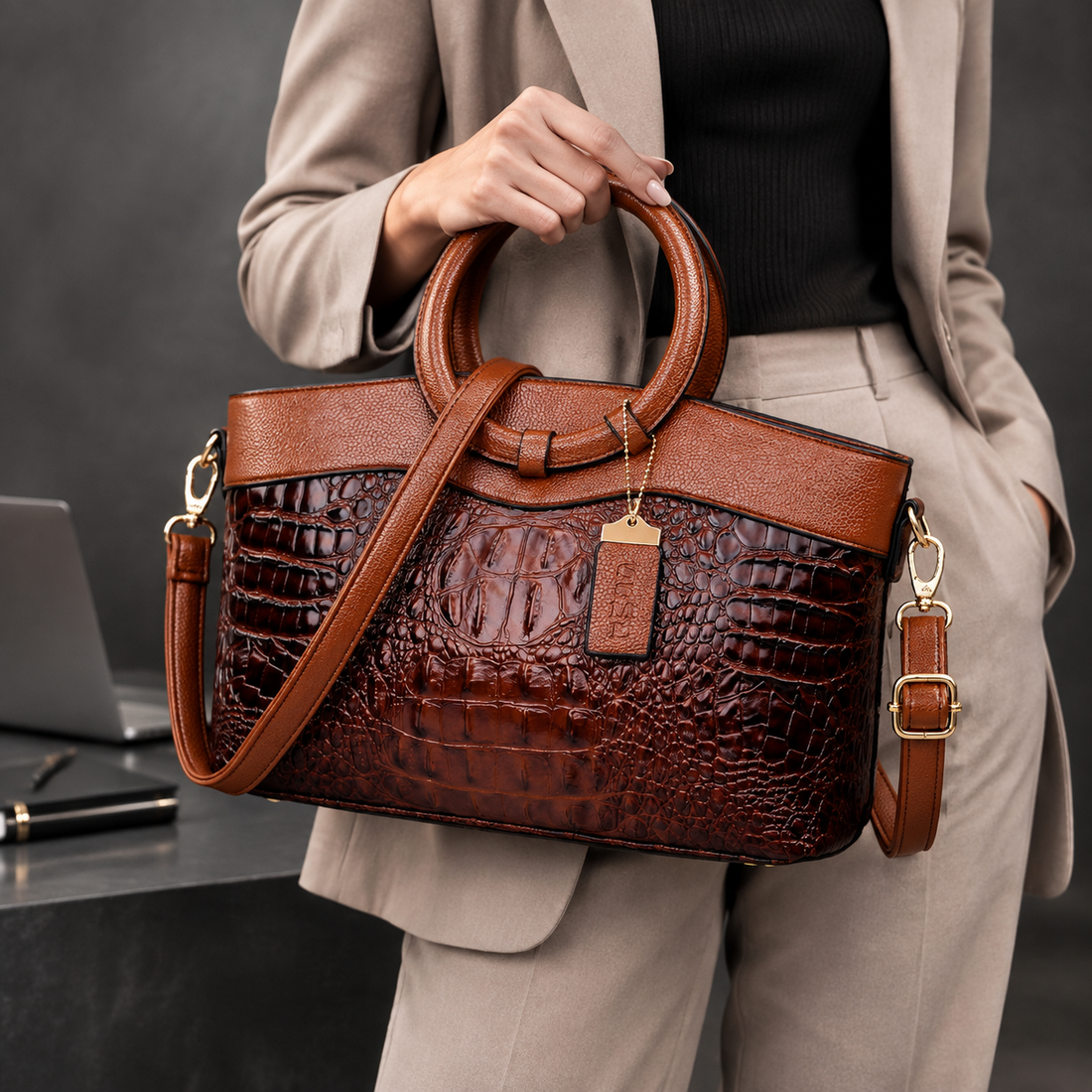Venturi Croc Embossed Handbag - Brown