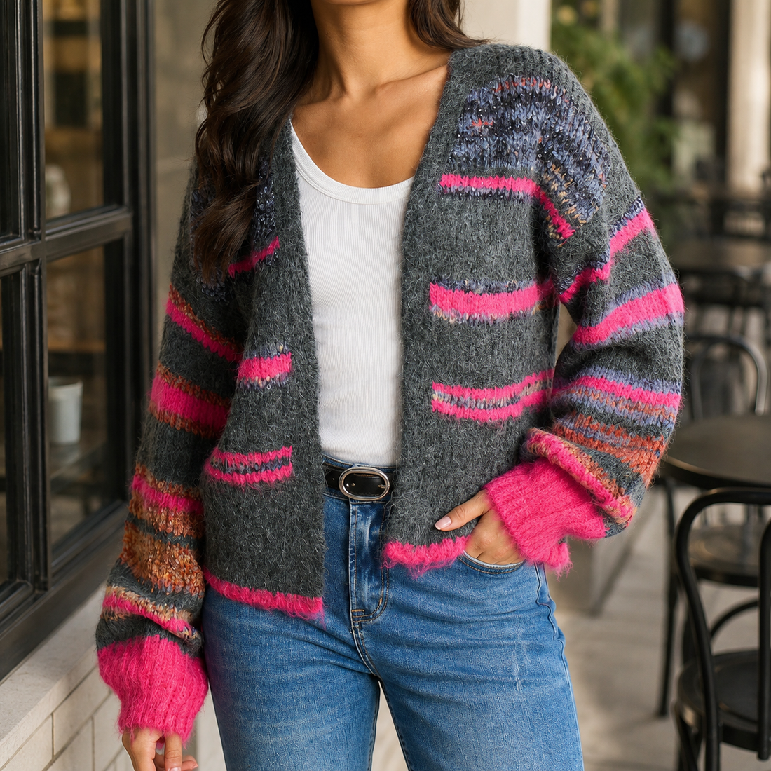 Evelina Colourblock Cardigan - Dark Gray/pink