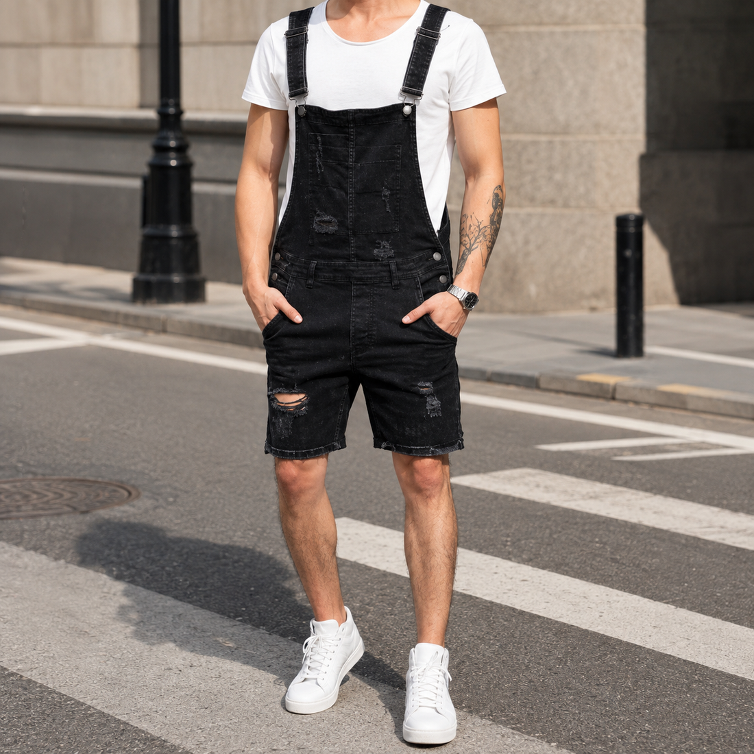Caleb Distressed Denim Overalls - Black