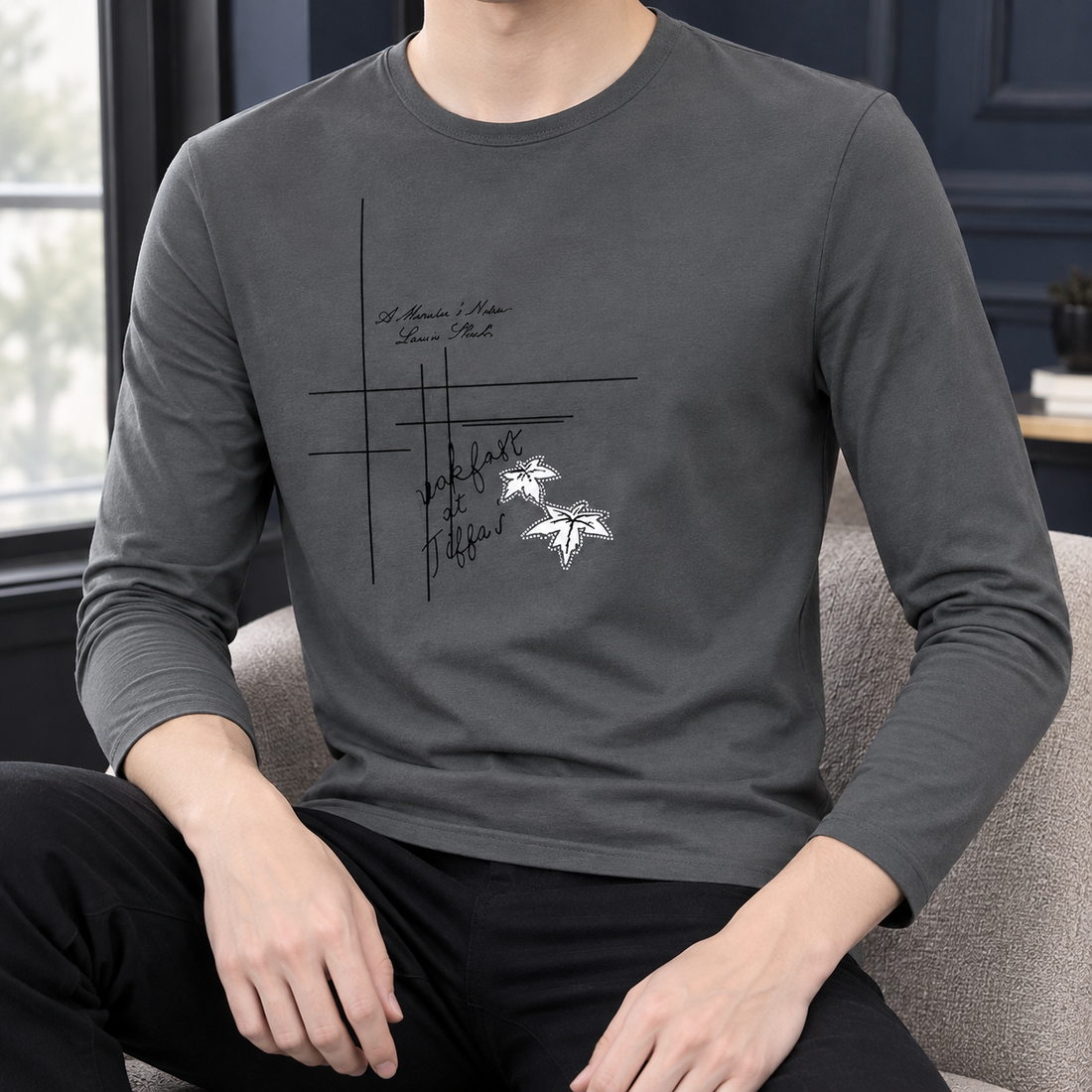 Colm-Grant Crew Neck Top - Bamboo Flower Dark Gray