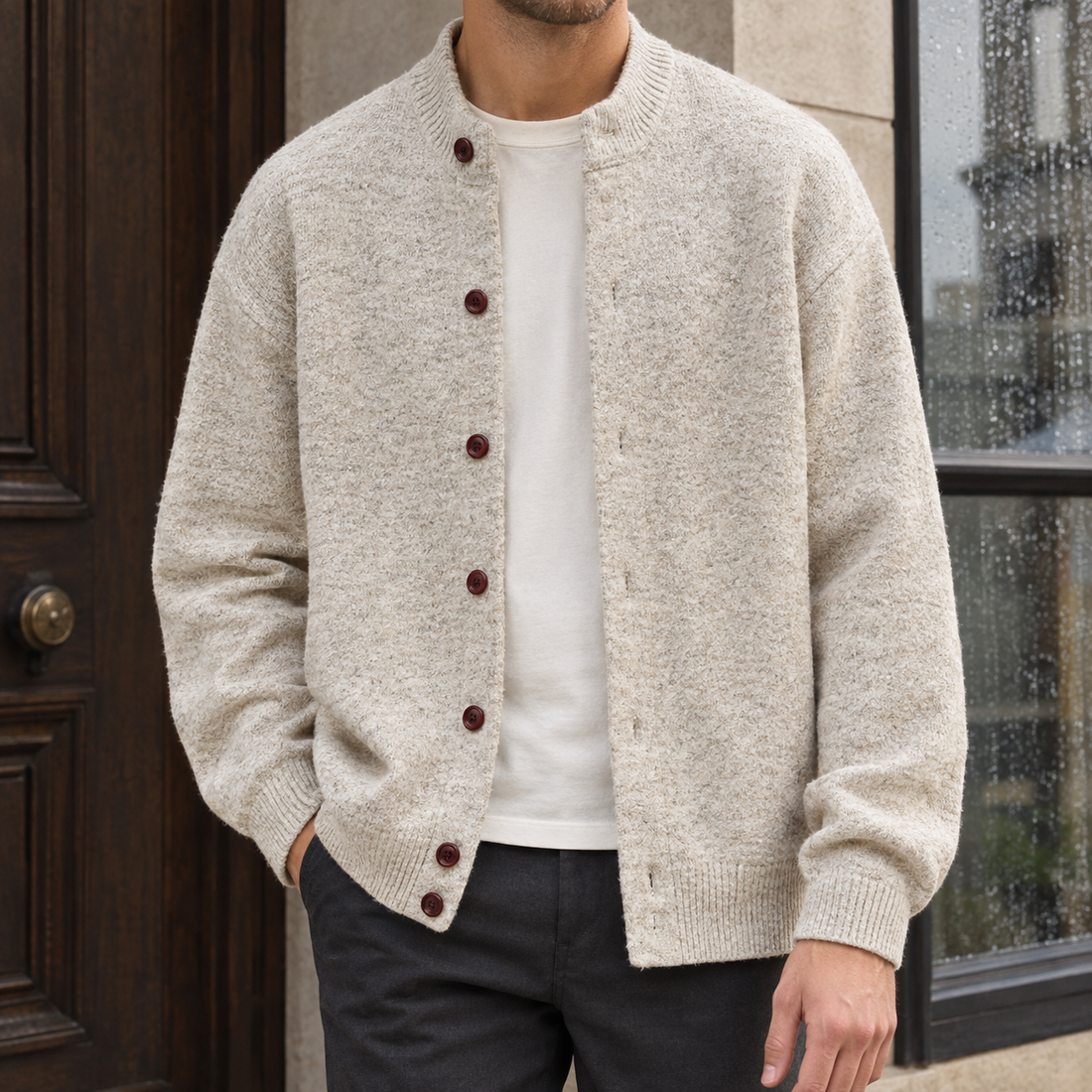 Malcolm-Grey Stand Collar Cardigan - Beige