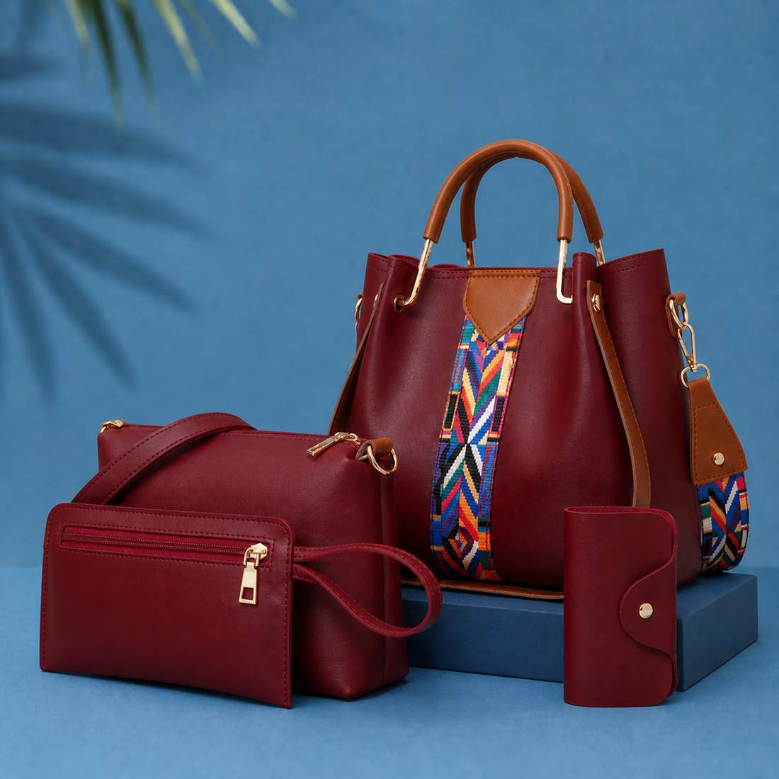 Riverton Geometric Handbag Set - Wine Red