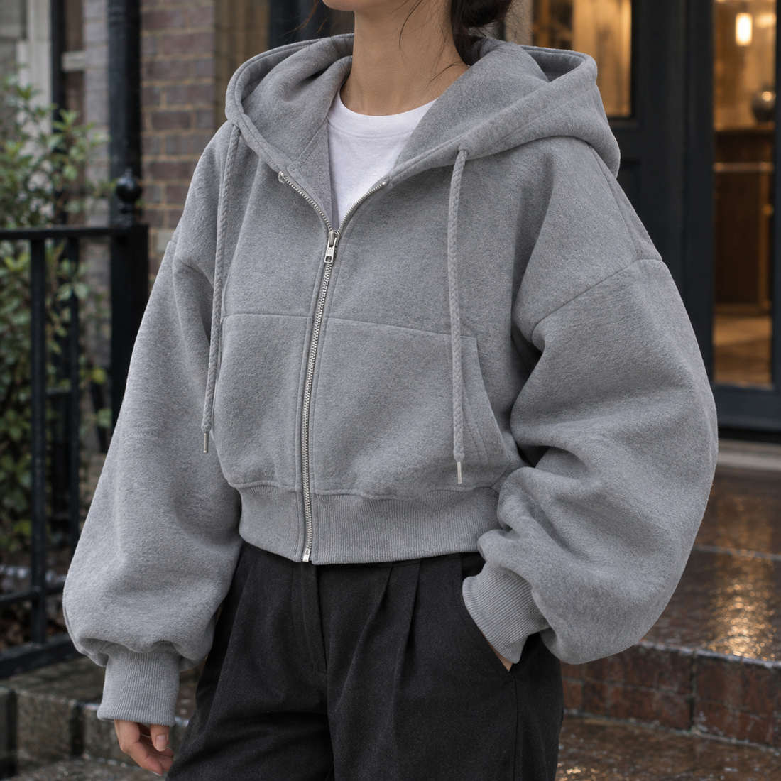 Natalie-Belle Balloon Sleeve Hoodie - Light Gray