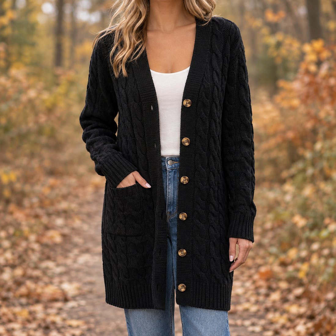 Mina-Marie Cable Knit Cardigan - Black