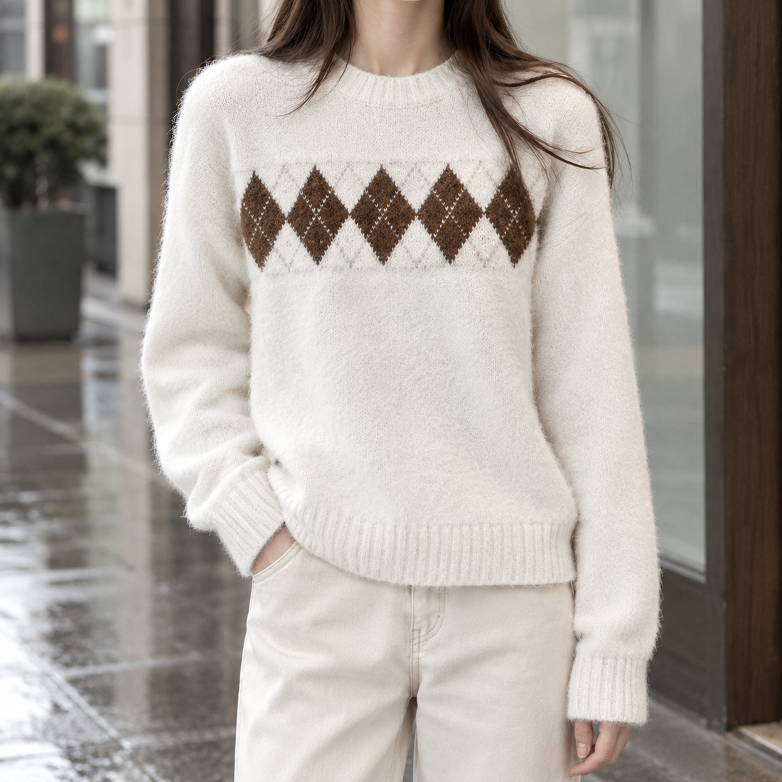 Megan-Skye Argyle Sweater - White