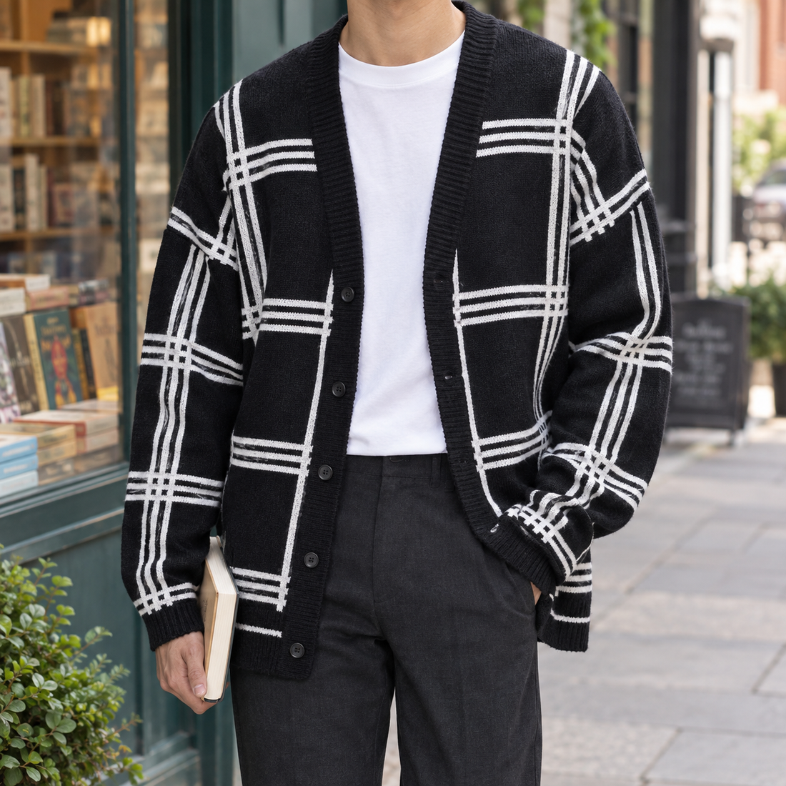 Solomon Plaid Cardigan - Black White