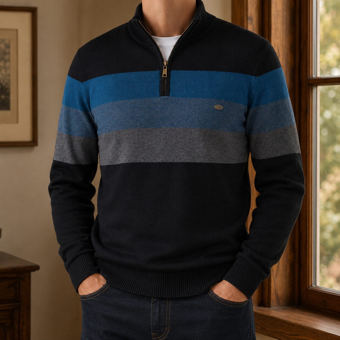 Montgomery-Grey Half-Zip Sweater - Blue