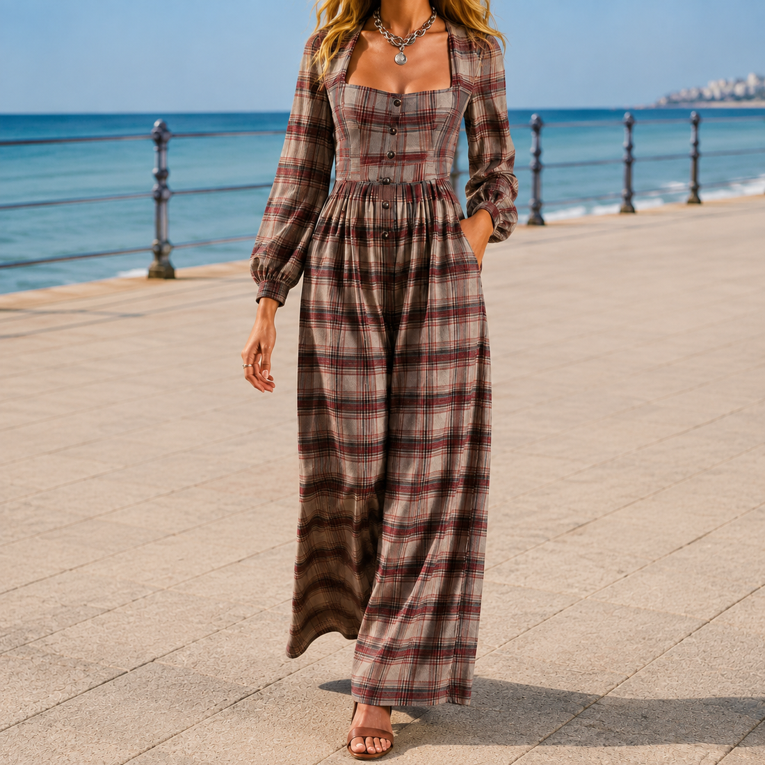 Noelle-Grace Square Neck Jumpsuit - Red