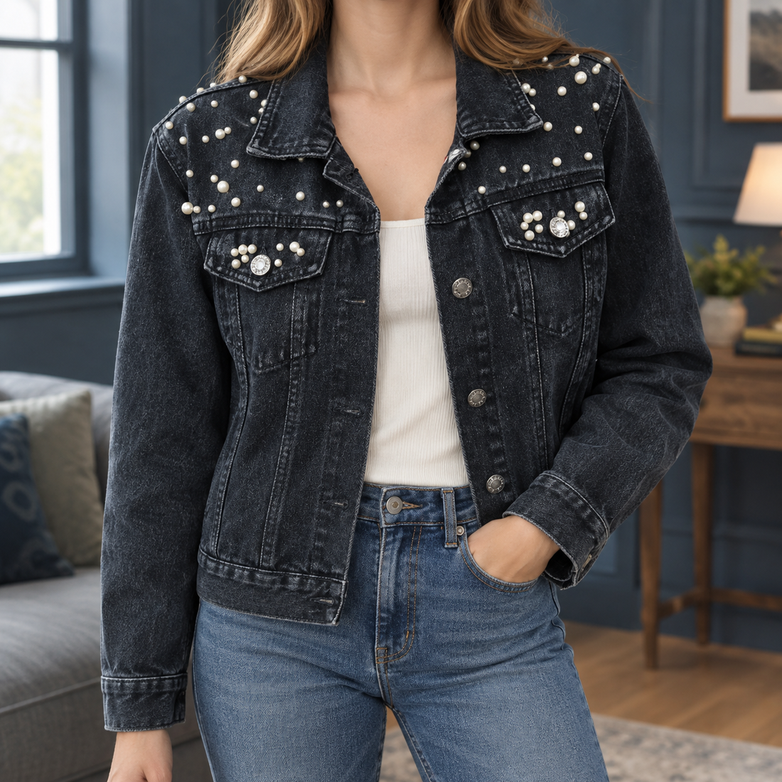 Keira Embellished Denim Jacket - Black