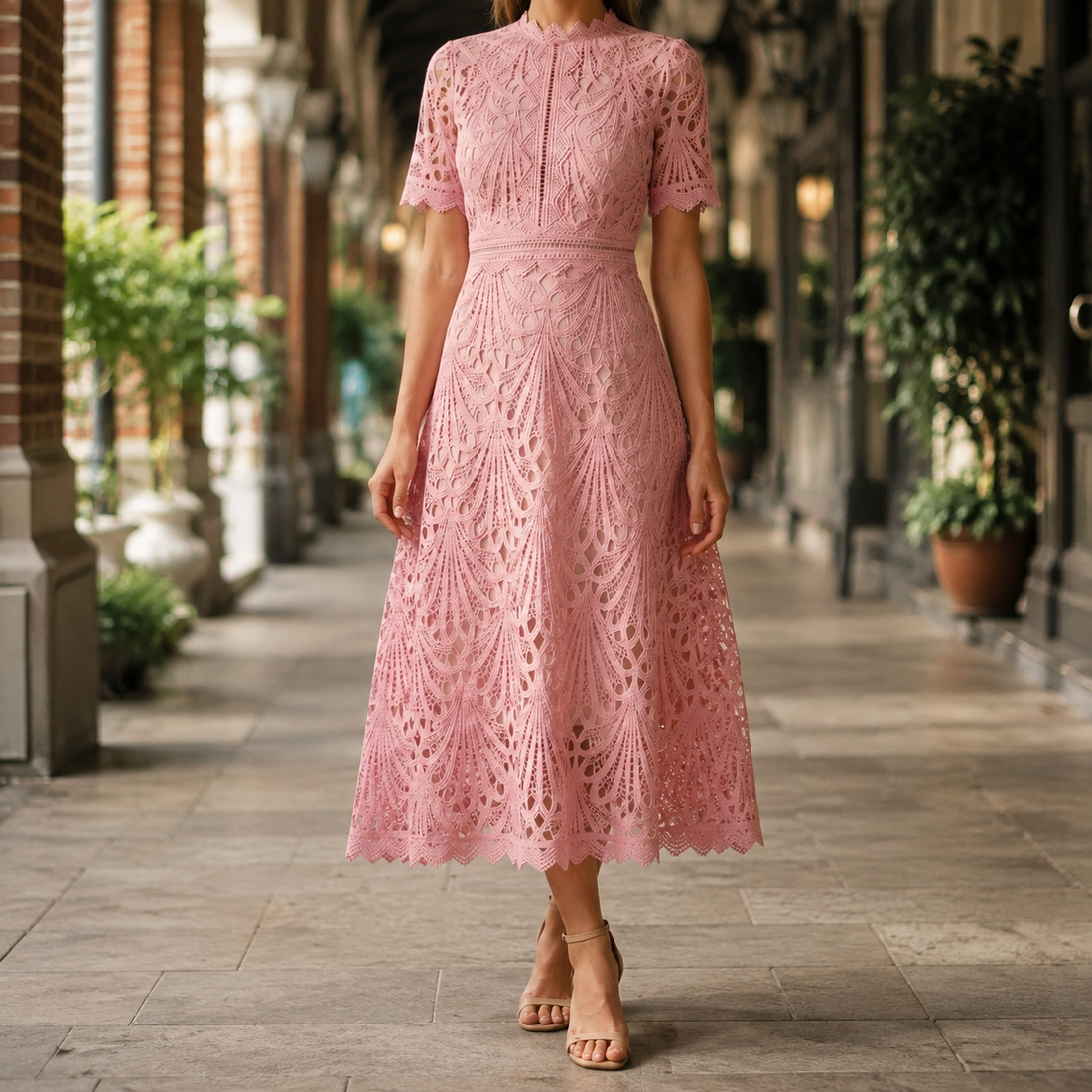 Faye Lace Midi Dress - Pink