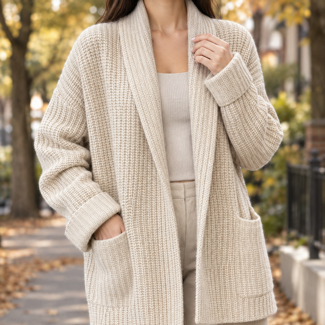 Eliana-Claire Ribbed Cardigan - Beige