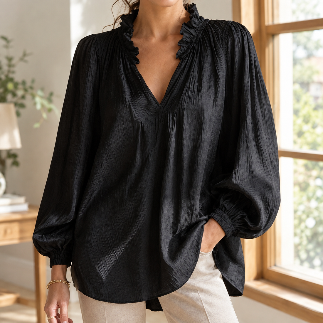 Katrina Ruffle Neck Blouse - Black