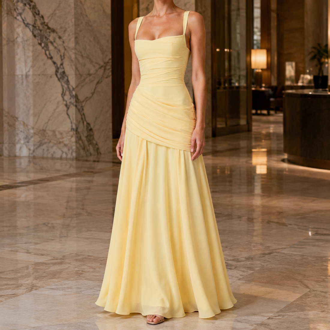 Oriana-Claire Ruched Maxi Dress - Yellow