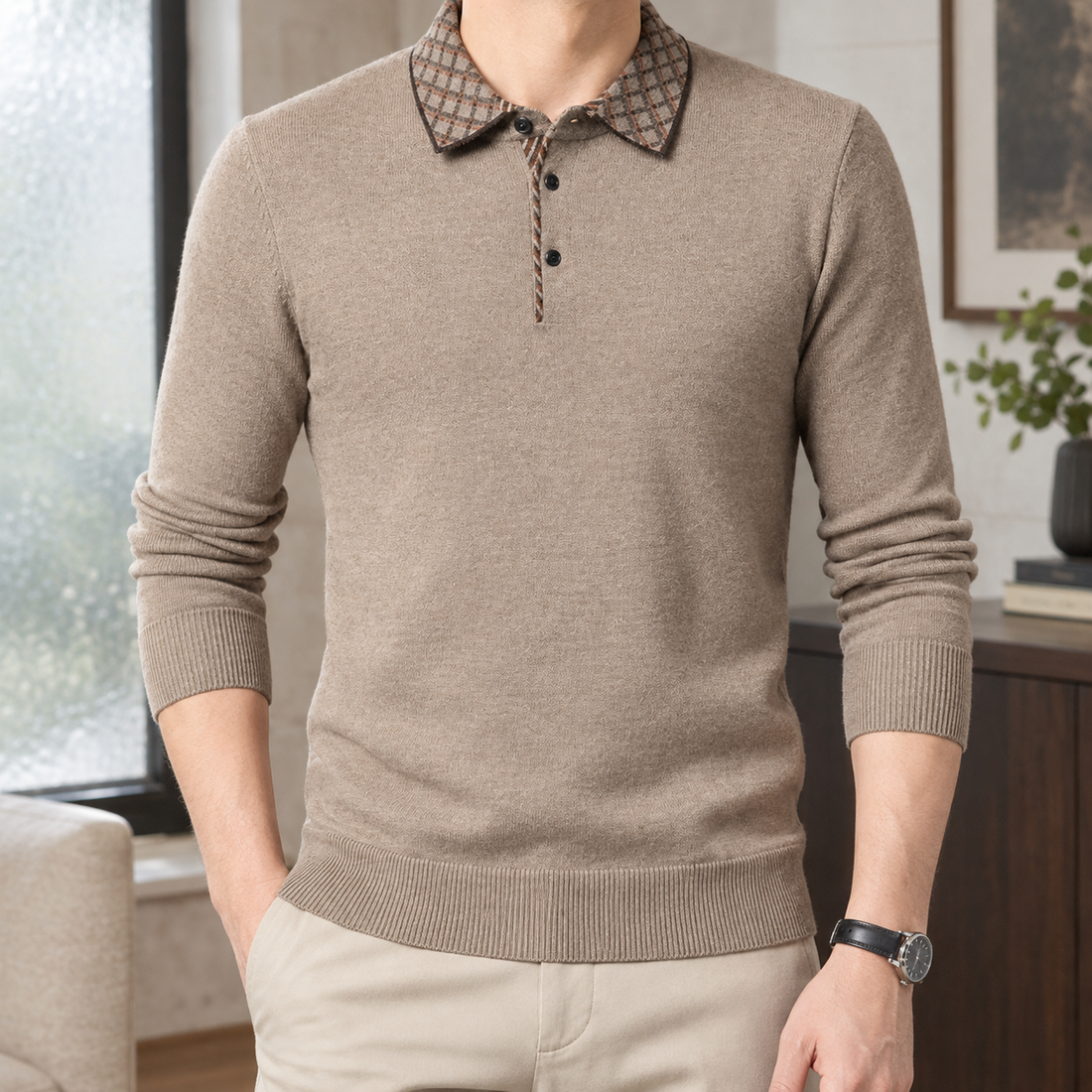 Finley Plaid Collar Sweater - Flower Camel
