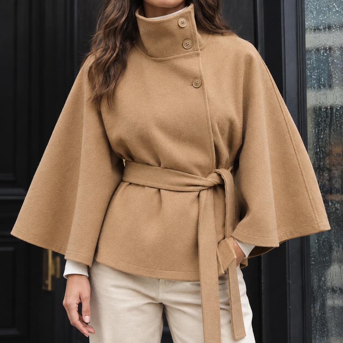 Teresa-Sage Belted Cape Jacket - Camel