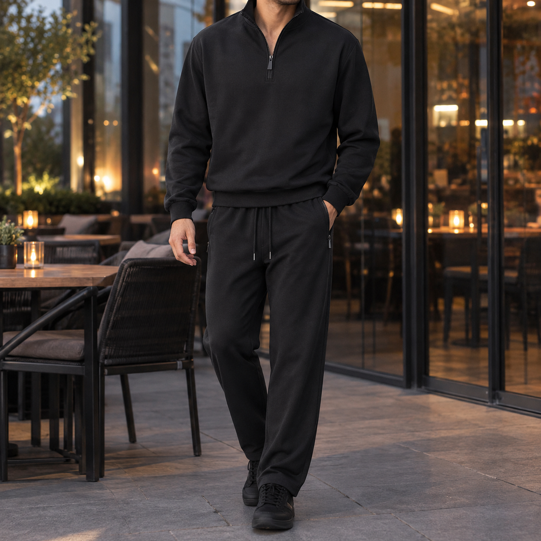 Tyler-Grant Half-Zip Set - Pure Black Straight
