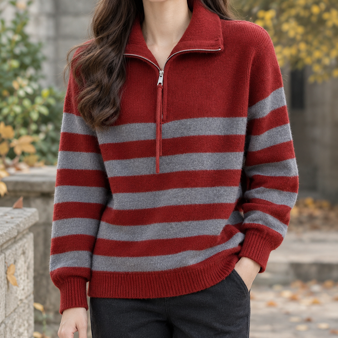 Constance-Jade Striped Zip Sweater - Red