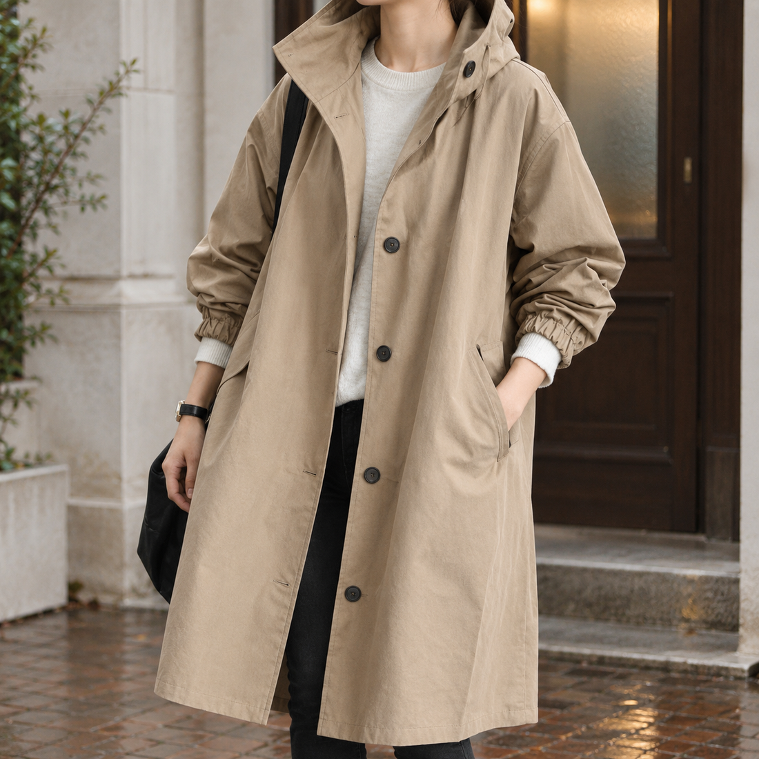 Sienna-Rose Hooded Overcoat - Khaki