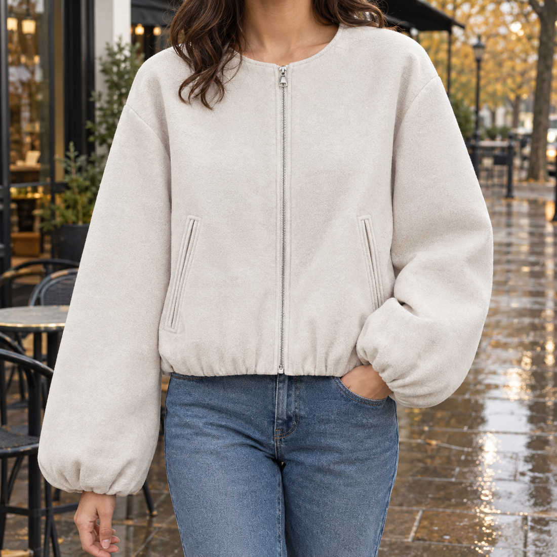 Pippa-Lane Balloon Sleeve Jacket - Milky White