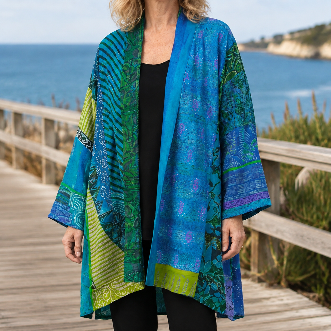Celine-Sage Patchwork Cardigan - Blue