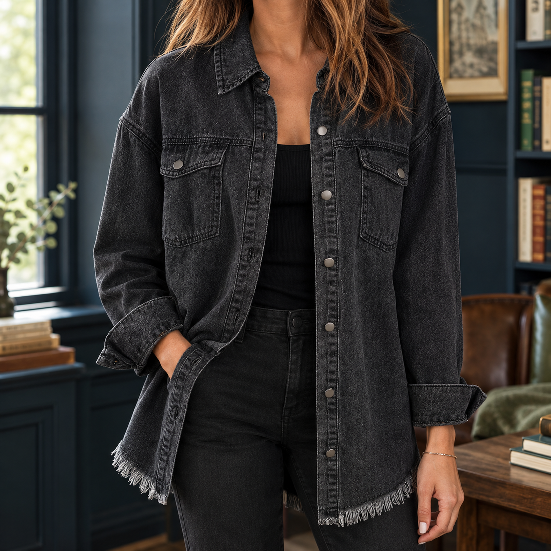 Nina-Elise Frayed Denim Overshirt - Black