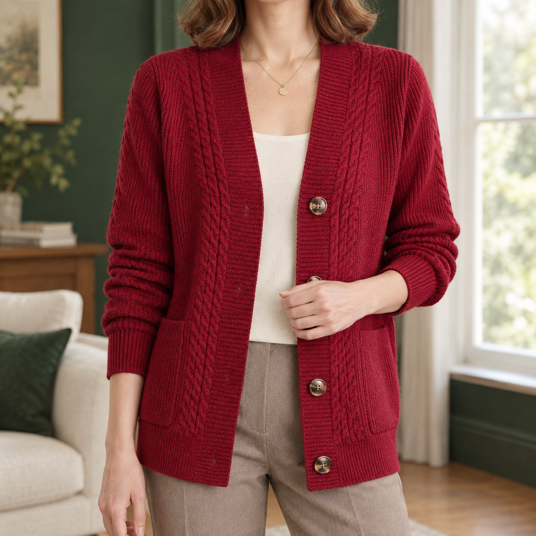 Joy Cable Knit Cardigan - Red