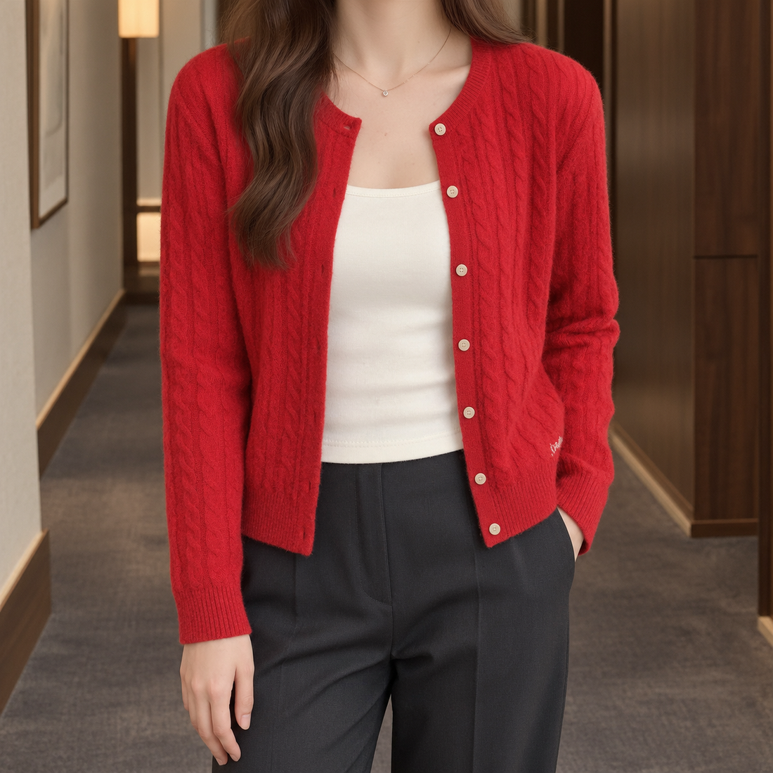 Caitlin-Lane Cable Knit Cardigan - Red