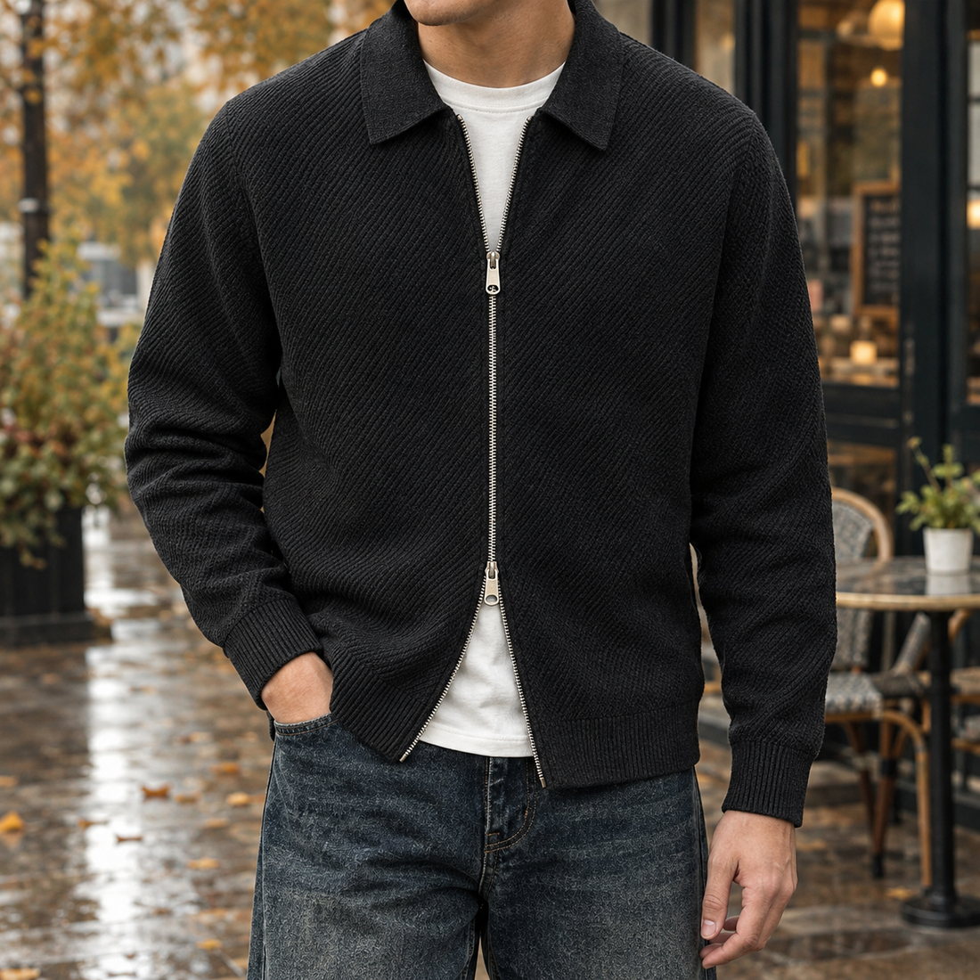 Lancelot-Grey Textured Zip Jacket - Black