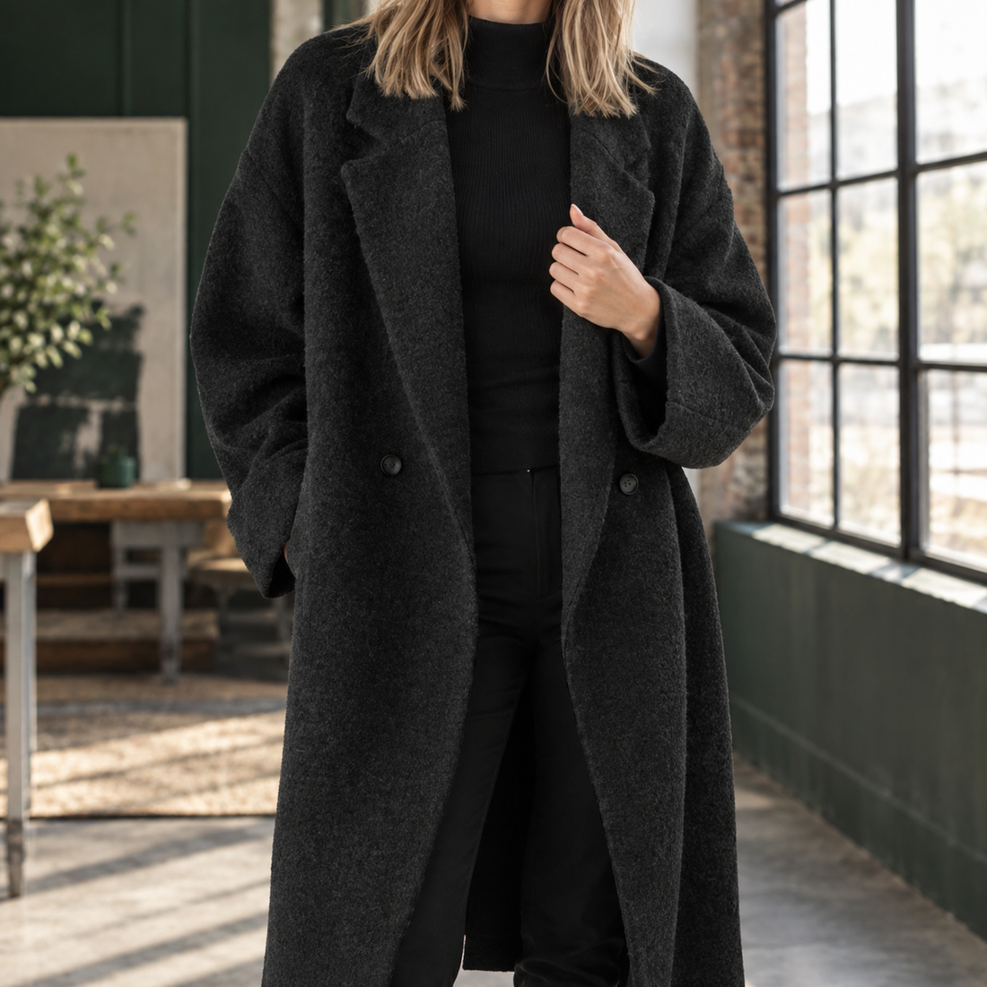 Daphne-Eve Double-Breasted Overcoat - Black