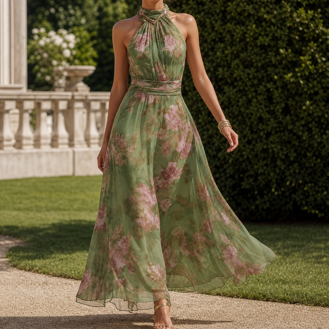 Nora-Pearl Halter Dress - Green