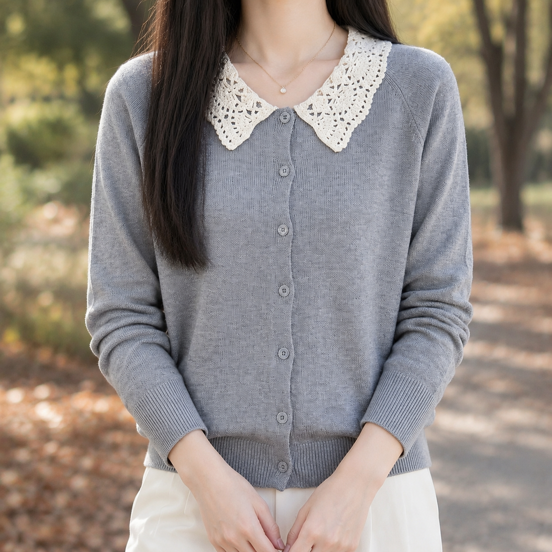 Chloe-Mae Lace Collar Cardigan - Gray