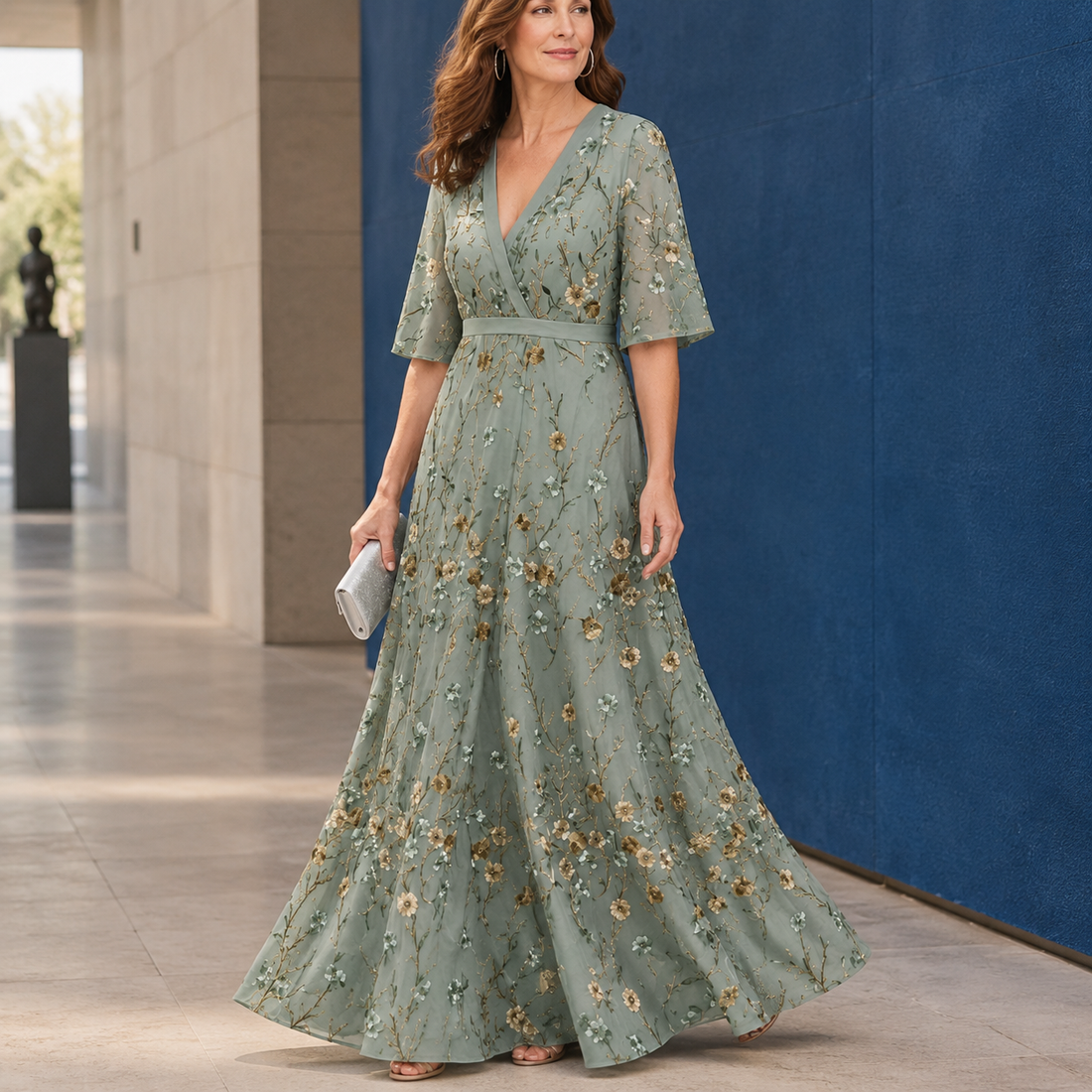 Bernadette-Skye Embroidered Maxi Dress - Sage Green