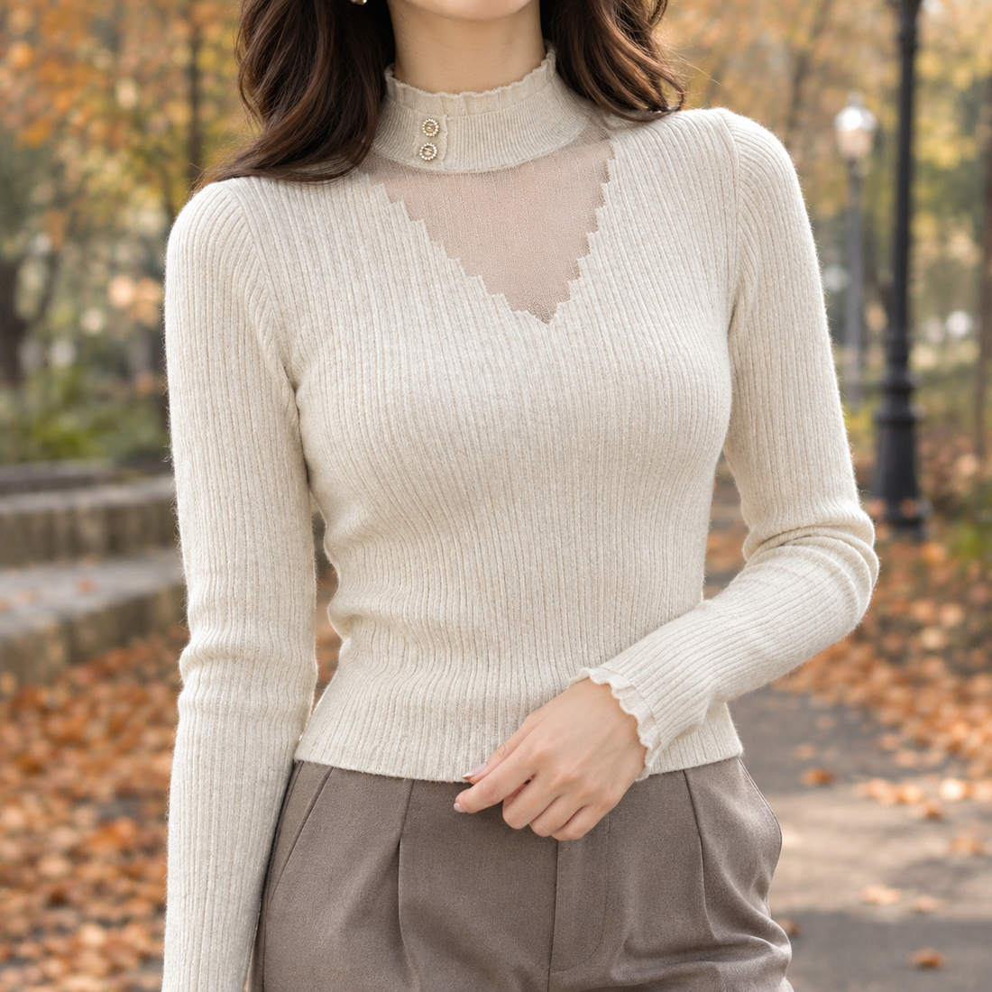 Adeline-Marie Sheer Yoke Sweater - Beige