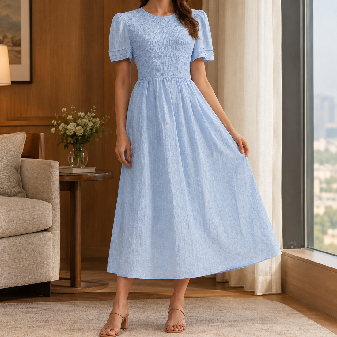 Valentina-Faye Smocked Midi Dress - Blue