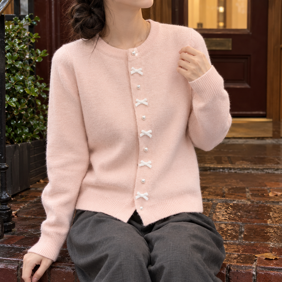 Nicole Bow Cardigan - Pink