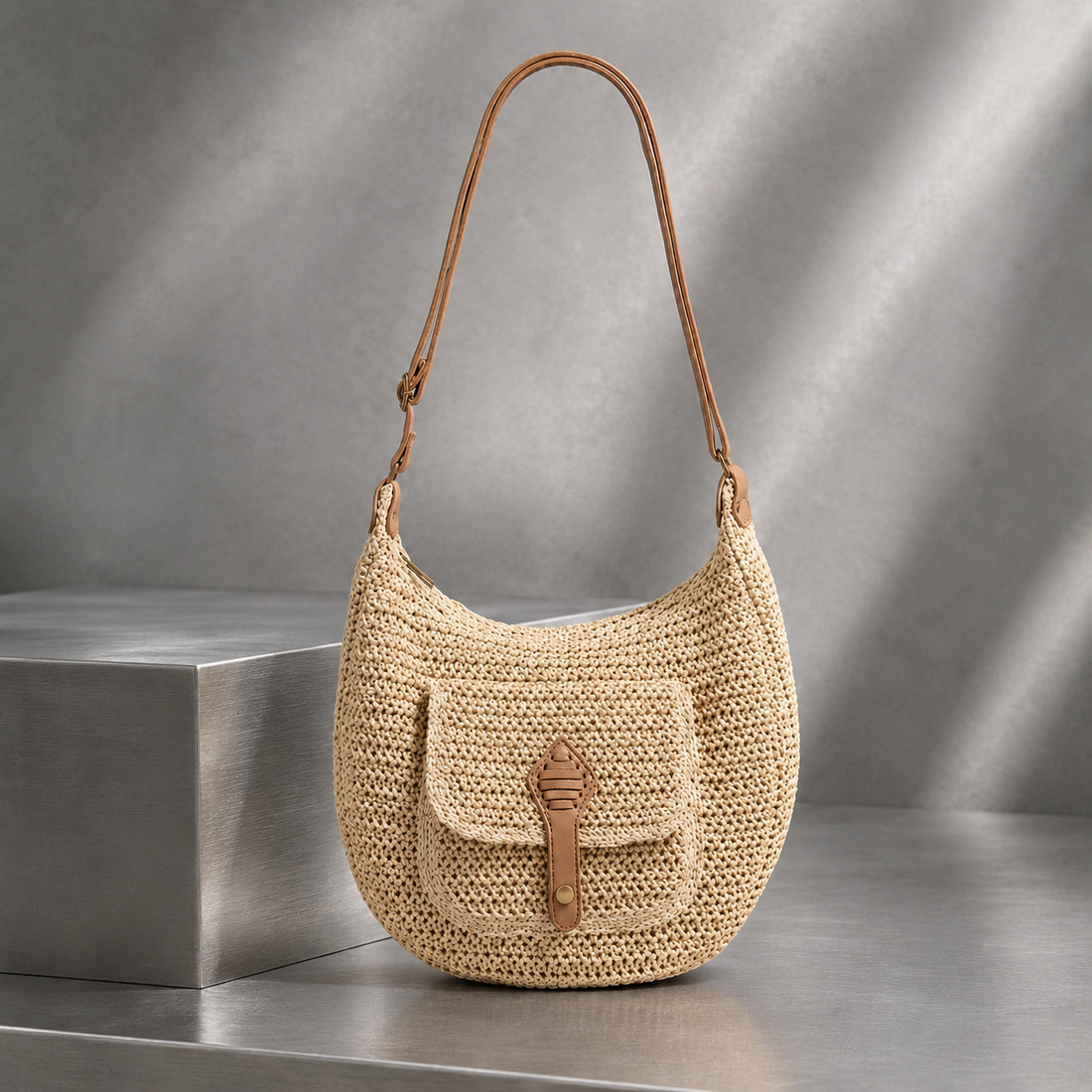 Cavalli Woven Shoulder Bag - Beige